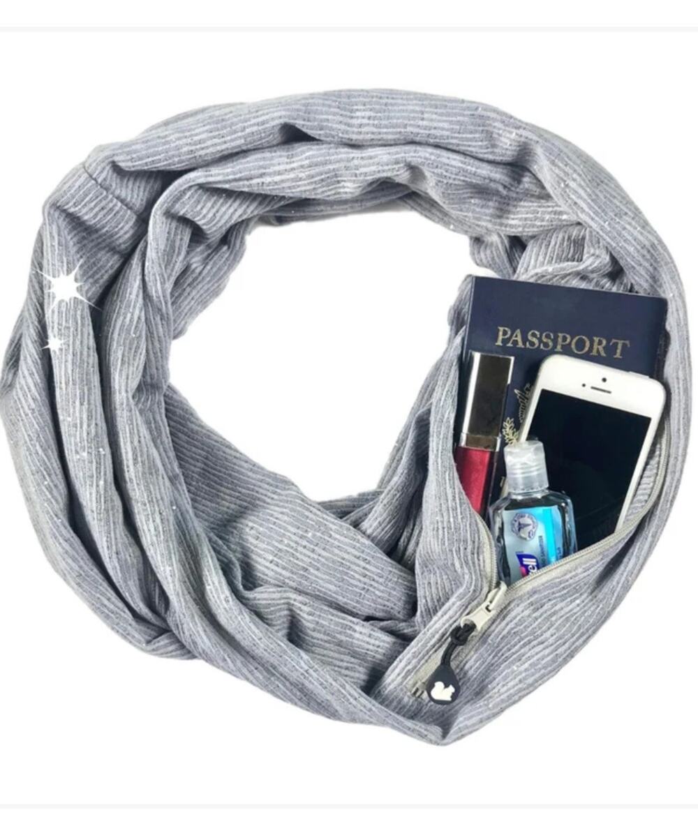 Sholdit Infinity Scarf with Zipper Pocket Gray Silver Sparkle Convertible Pouch